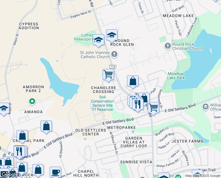 map of restaurants, bars, coffee shops, grocery stores, and more near 2800 Sunrise Road in Round Rock