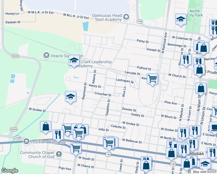 map of restaurants, bars, coffee shops, grocery stores, and more near 1100-1198 Crouchet St in Opelousas