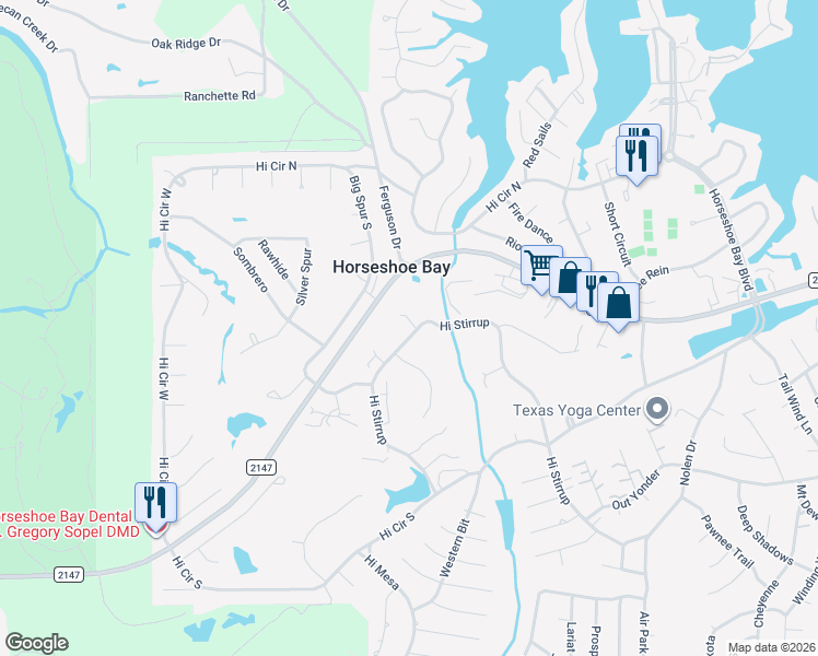 map of restaurants, bars, coffee shops, grocery stores, and more near 1001 Hi Stirrup in Horseshoe Bay