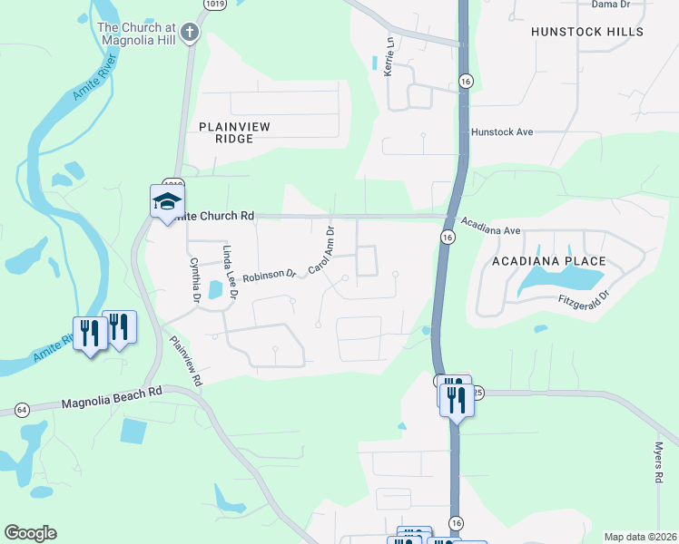 map of restaurants, bars, coffee shops, grocery stores, and more near 7595 Elmwood Drive in Denham Springs