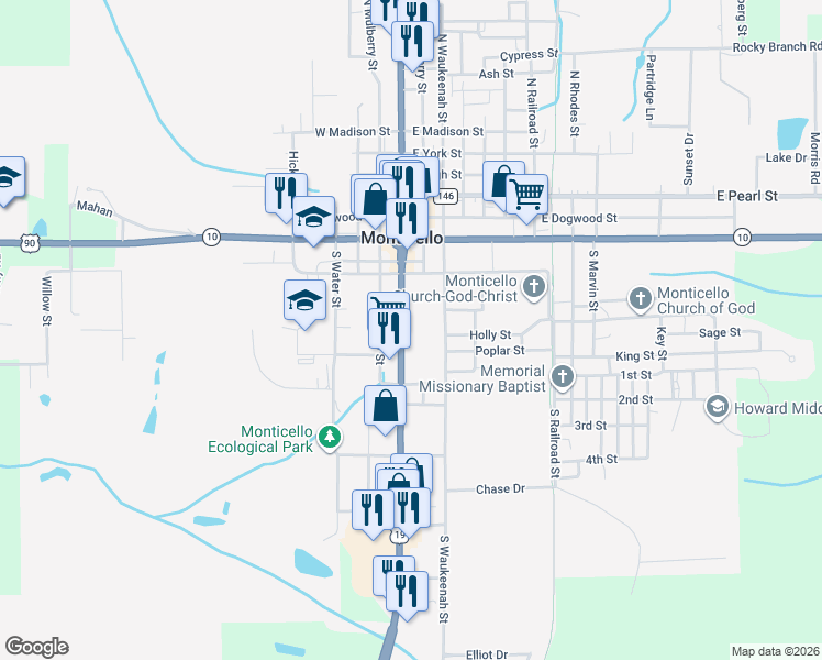 map of restaurants, bars, coffee shops, grocery stores, and more near 500 South Jefferson Street in Monticello