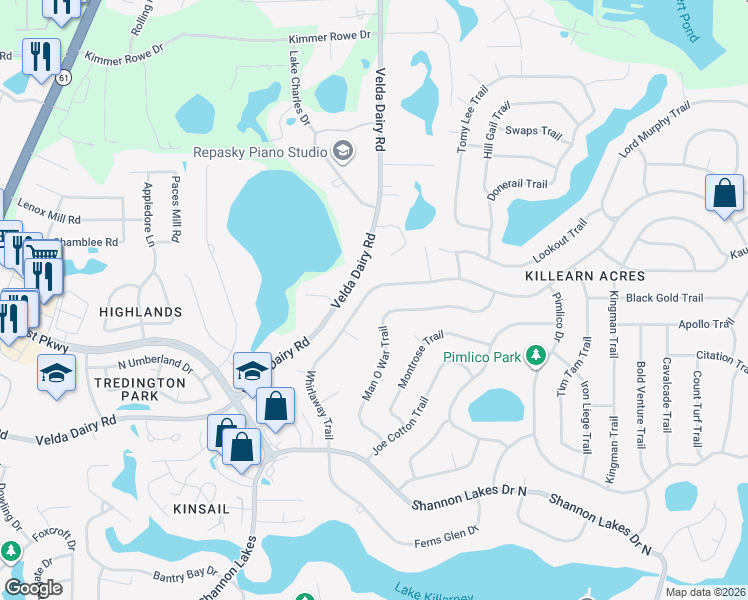 map of restaurants, bars, coffee shops, grocery stores, and more near 6585 Man O War Trail in Tallahassee