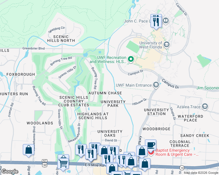 map of restaurants, bars, coffee shops, grocery stores, and more near 10030 Autumn Lane in Pensacola