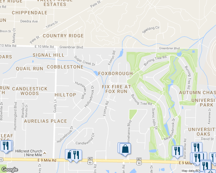 map of restaurants, bars, coffee shops, grocery stores, and more near 10031 Foxrun Road in Pensacola