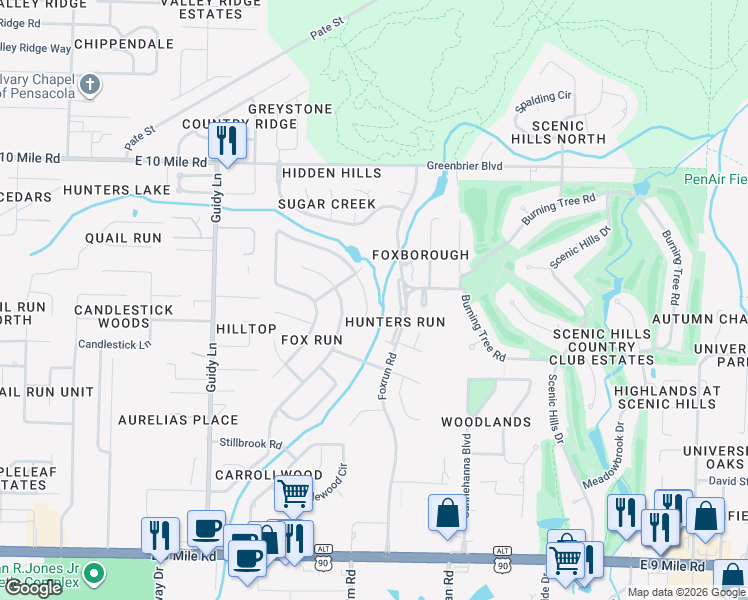 map of restaurants, bars, coffee shops, grocery stores, and more near 10031 Foxrun Road in Pensacola