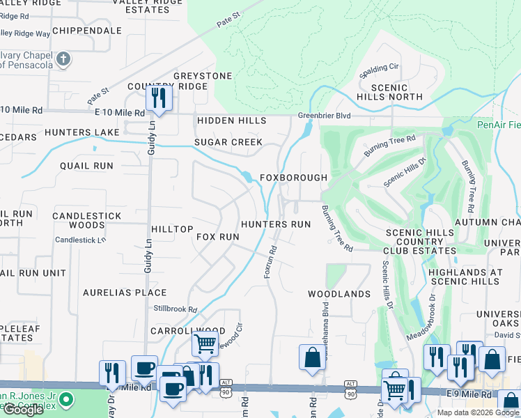 map of restaurants, bars, coffee shops, grocery stores, and more near 10031 Foxrun Road in Pensacola