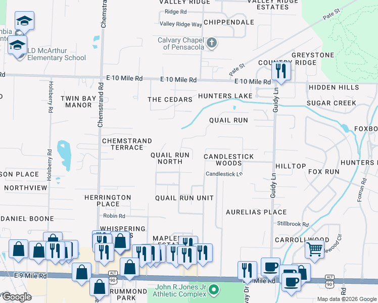 map of restaurants, bars, coffee shops, grocery stores, and more near 416 Bobwhite Drive in Pensacola