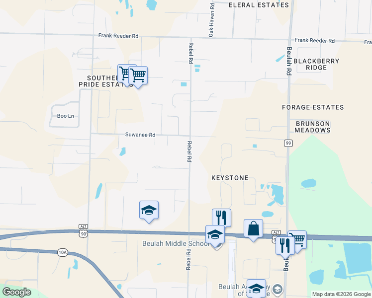 map of restaurants, bars, coffee shops, grocery stores, and more near 9870 Rebel Road in Pensacola
