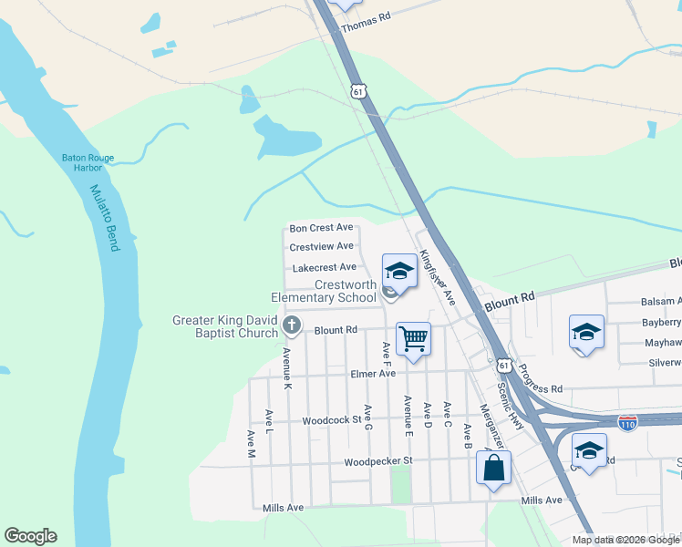 map of restaurants, bars, coffee shops, grocery stores, and more near 348 Rivercrest Avenue in Baton Rouge