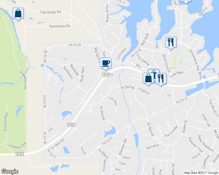 map of restaurants, bars, coffee shops, grocery stores, and more near 1008 Hi Stirrup in Horseshoe Bay
