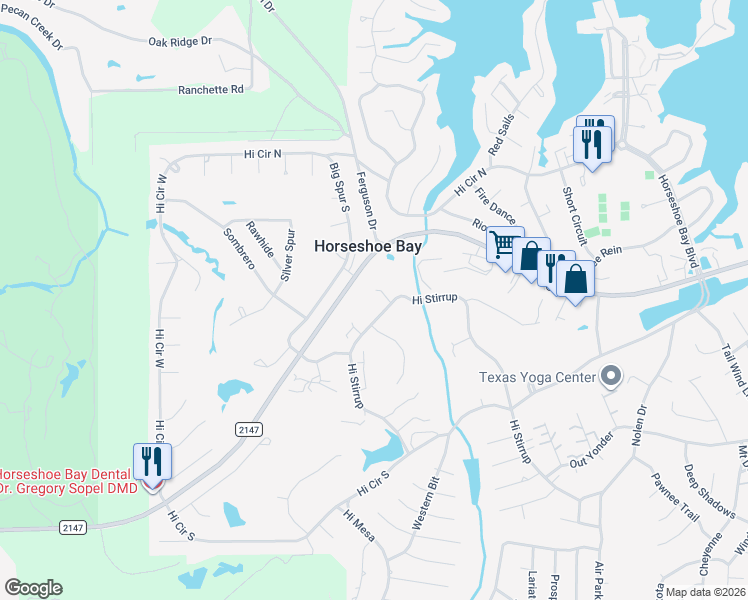 map of restaurants, bars, coffee shops, grocery stores, and more near 1100 Hi Stirrup in Horseshoe Bay