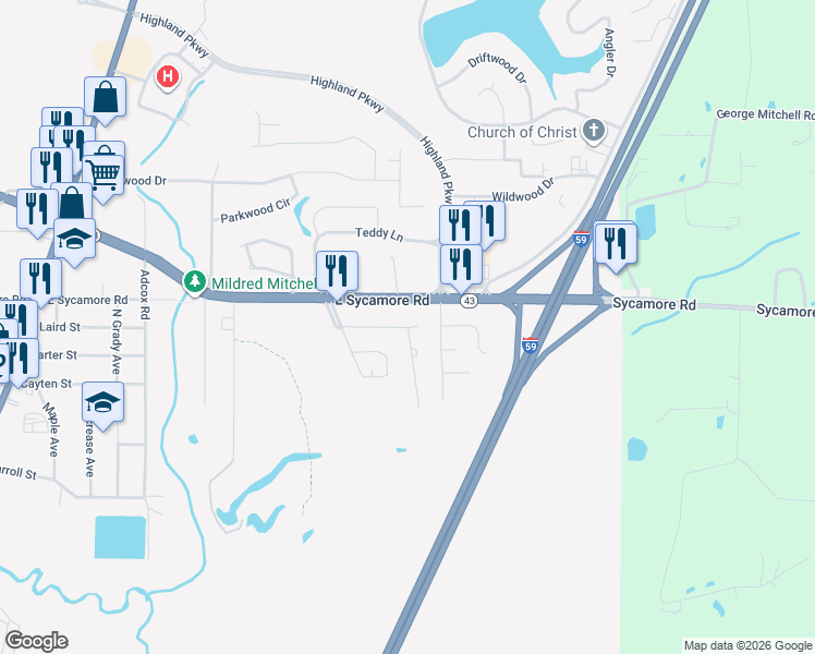 map of restaurants, bars, coffee shops, grocery stores, and more near 1664 Evangeline Drive in Picayune
