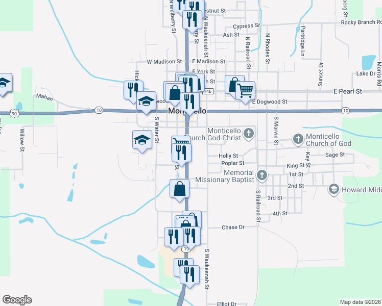 map of restaurants, bars, coffee shops, grocery stores, and more near 500 South Jefferson Street in Monticello