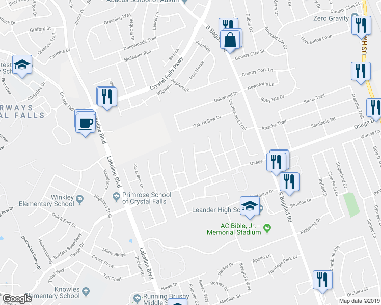 map of restaurants, bars, coffee shops, grocery stores, and more near 2411 Stagecoach Bend in Leander