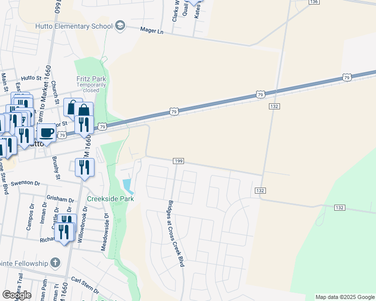 map of restaurants, bars, coffee shops, grocery stores, and more near 401 County Road 199 in Hutto