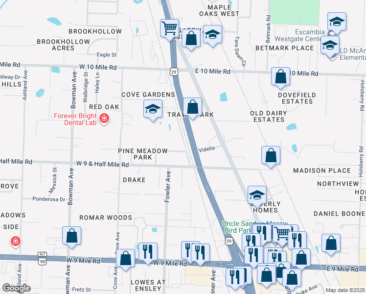 map of restaurants, bars, coffee shops, grocery stores, and more near 205 Saint Christopher Street in Pensacola