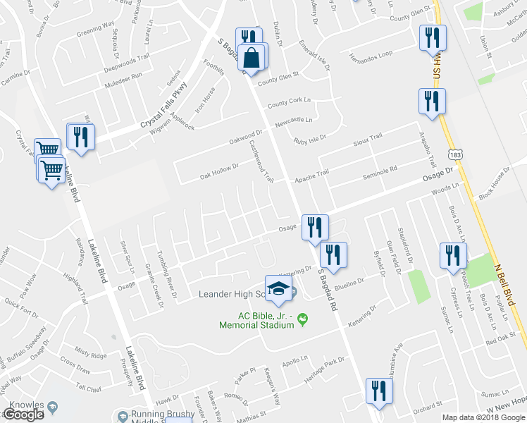 map of restaurants, bars, coffee shops, grocery stores, and more near 2500 Elkhorn Ranch Road in Leander