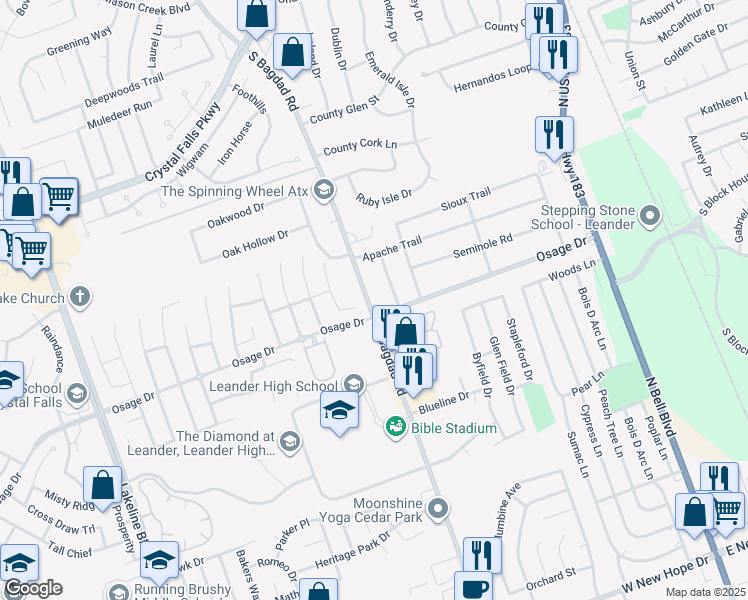 map of restaurants, bars, coffee shops, grocery stores, and more near 2601 Cheyenne Street in Leander