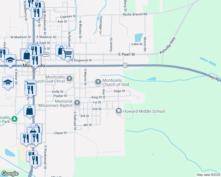 map of restaurants, bars, coffee shops, grocery stores, and more near 1140 Branch Street in Monticello
