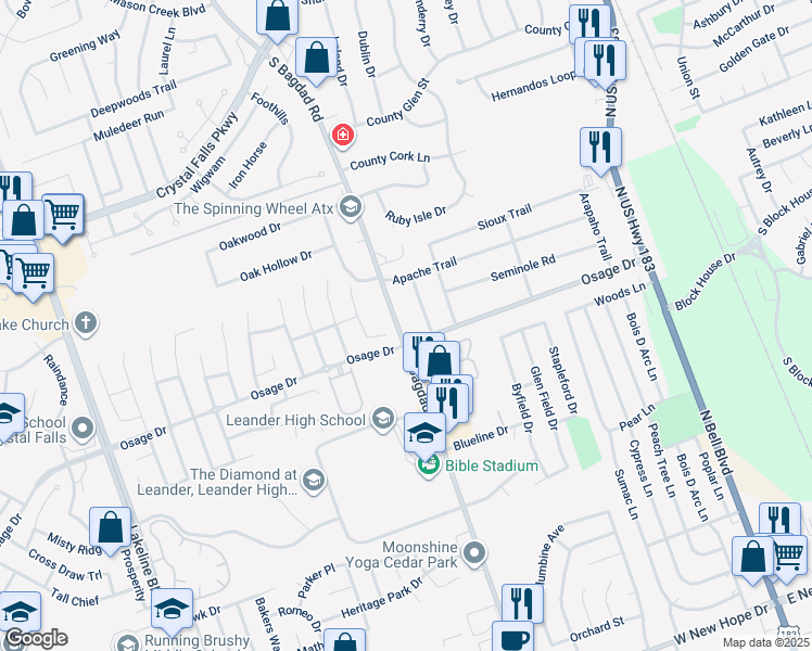 map of restaurants, bars, coffee shops, grocery stores, and more near 2604 South Bagdad Road in Leander
