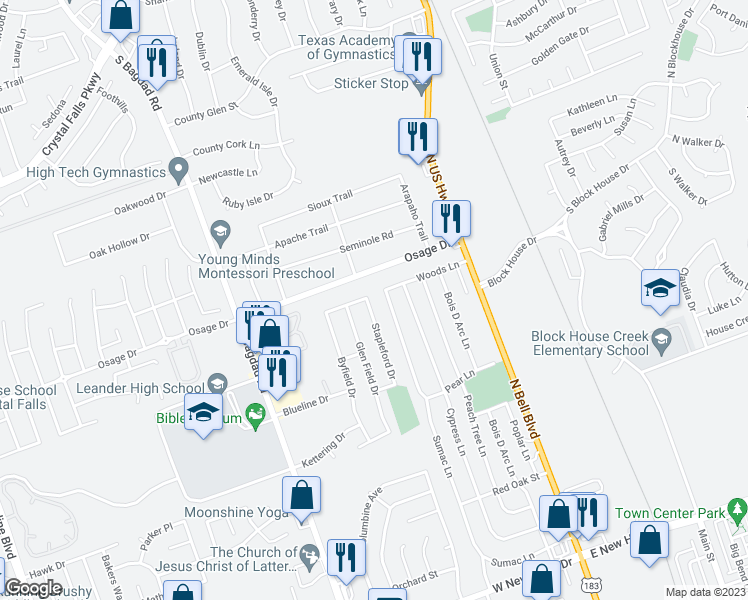 map of restaurants, bars, coffee shops, grocery stores, and more near 2624 Stapleford Drive in Cedar Park