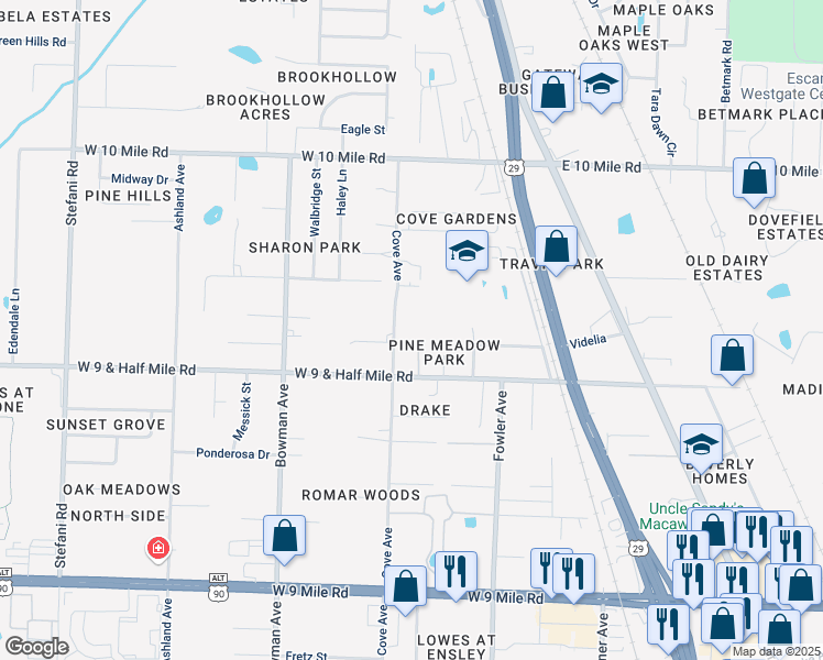 map of restaurants, bars, coffee shops, grocery stores, and more near 10150 Cove Avenue in Pensacola