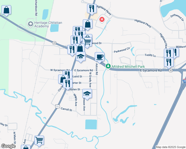 map of restaurants, bars, coffee shops, grocery stores, and more near 900-920 East Sycamore Road in Picayune