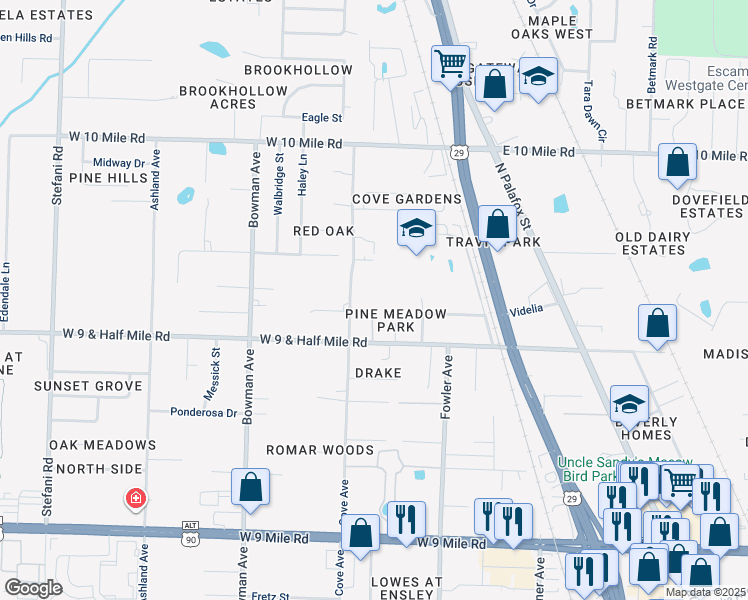 map of restaurants, bars, coffee shops, grocery stores, and more near 10150 Cove Avenue in Pensacola