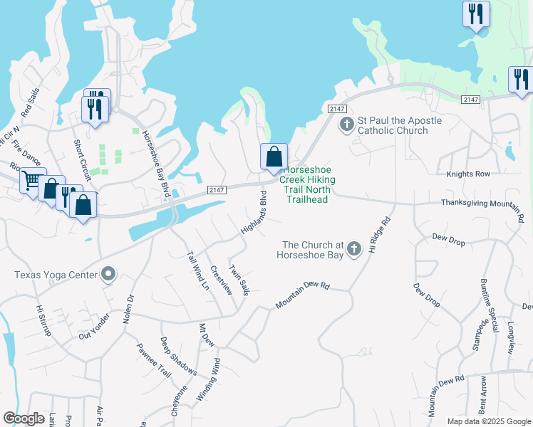 map of restaurants, bars, coffee shops, grocery stores, and more near 106 Highland Boulevard in Horseshoe Bay