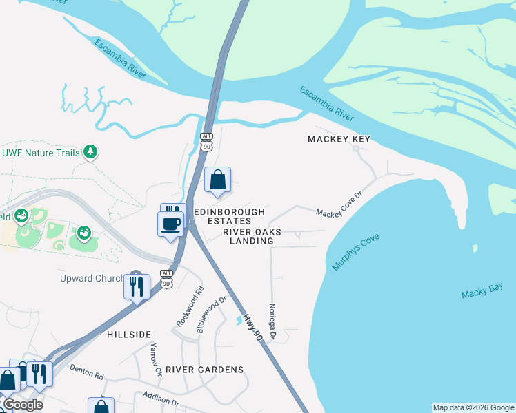 map of restaurants, bars, coffee shops, grocery stores, and more near 3447 Edinborough Court in Pensacola
