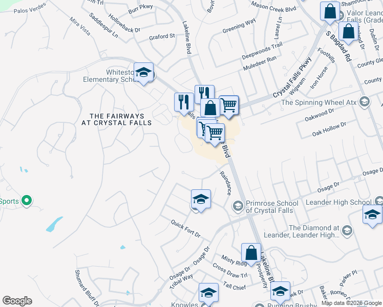 map of restaurants, bars, coffee shops, grocery stores, and more near 2152 Local Rebel Street in Leander