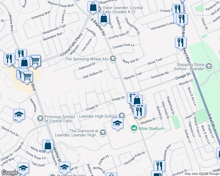 map of restaurants, bars, coffee shops, grocery stores, and more near 2414 Elkhorn Ranch Road in Leander