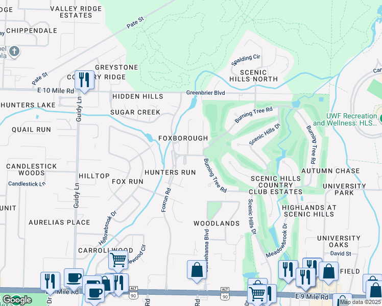 map of restaurants, bars, coffee shops, grocery stores, and more near 10100 Vixen Place in Pensacola