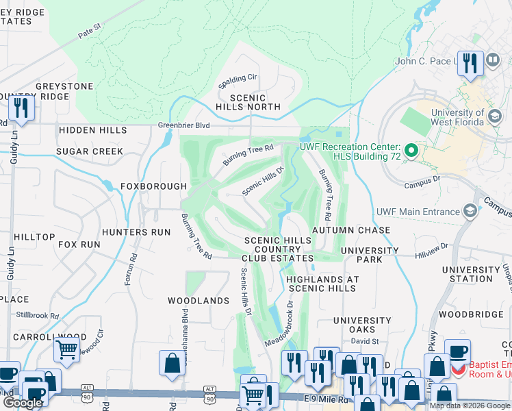 map of restaurants, bars, coffee shops, grocery stores, and more near 8868 Scenic Hills Drive in Pensacola