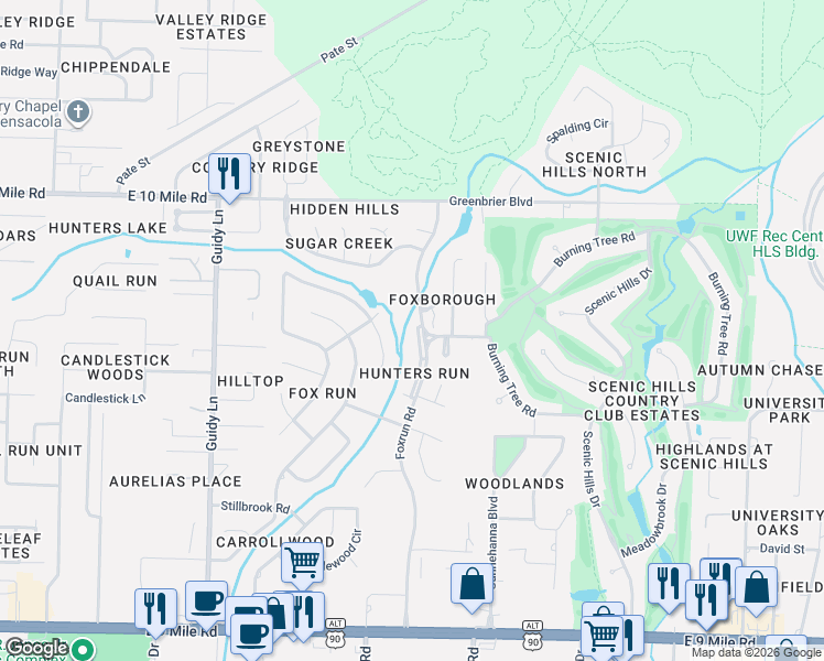 map of restaurants, bars, coffee shops, grocery stores, and more near 10069 Foxrun Road in Pensacola