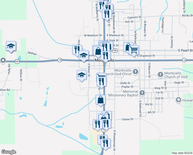 map of restaurants, bars, coffee shops, grocery stores, and more near 435 S Mulberry St in Monticello