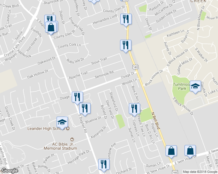 map of restaurants, bars, coffee shops, grocery stores, and more near 402 Woodford Drive in Cedar Park