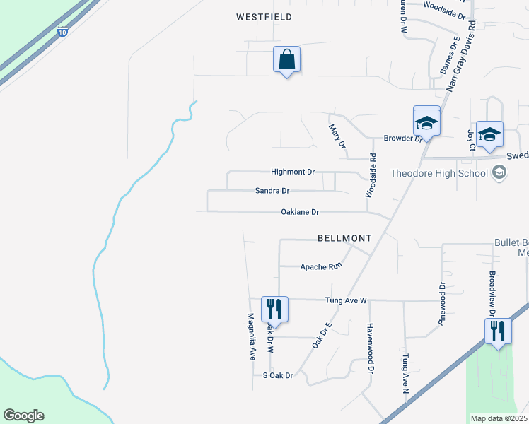 map of restaurants, bars, coffee shops, grocery stores, and more near Oaklane Drive in Theodore