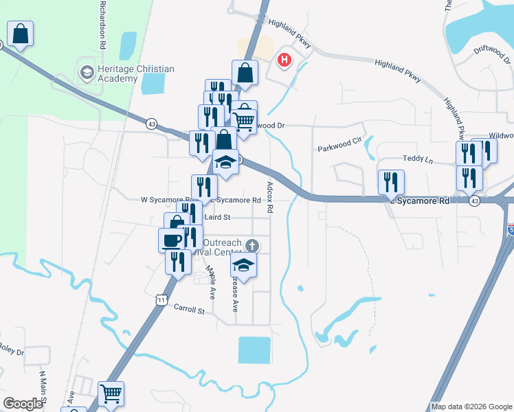 map of restaurants, bars, coffee shops, grocery stores, and more near 900-920 East Sycamore Road in Picayune