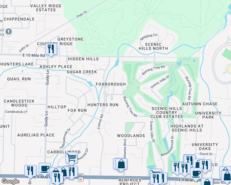 map of restaurants, bars, coffee shops, grocery stores, and more near 10104 Vixen Place in Pensacola