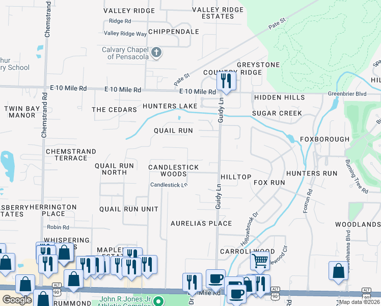 map of restaurants, bars, coffee shops, grocery stores, and more near 10170 Candlestick Lane in Pensacola