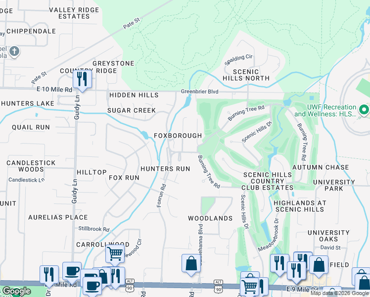 map of restaurants, bars, coffee shops, grocery stores, and more near 10104 Vixen Place in Pensacola