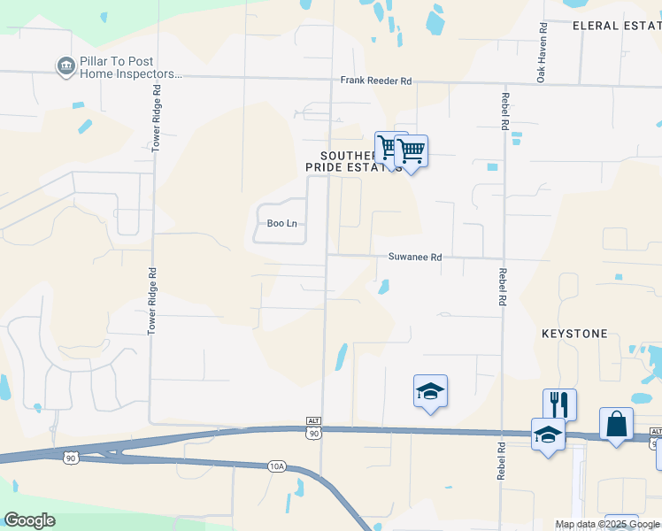 map of restaurants, bars, coffee shops, grocery stores, and more near 9620 Bridlewood Road in Pensacola