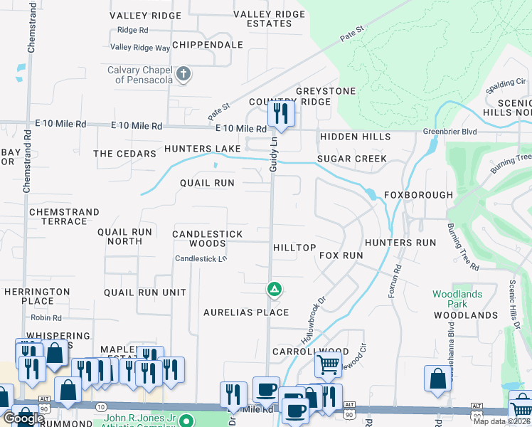 map of restaurants, bars, coffee shops, grocery stores, and more near 9991 Guidy Lane in Pensacola