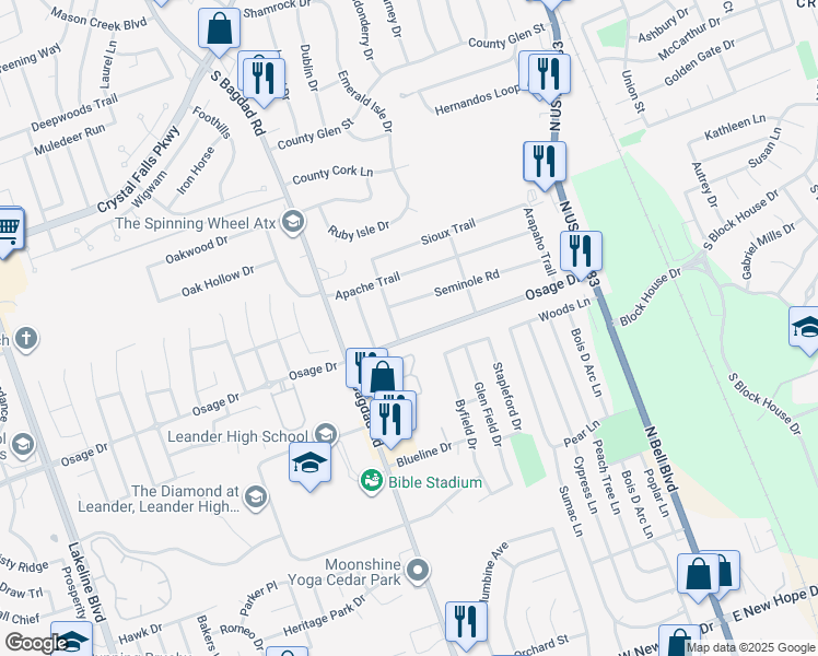 map of restaurants, bars, coffee shops, grocery stores, and more near 606 Seminole Road in Leander