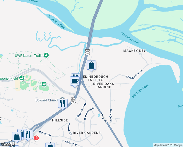 map of restaurants, bars, coffee shops, grocery stores, and more near 12000 Scenic Highway in Pensacola
