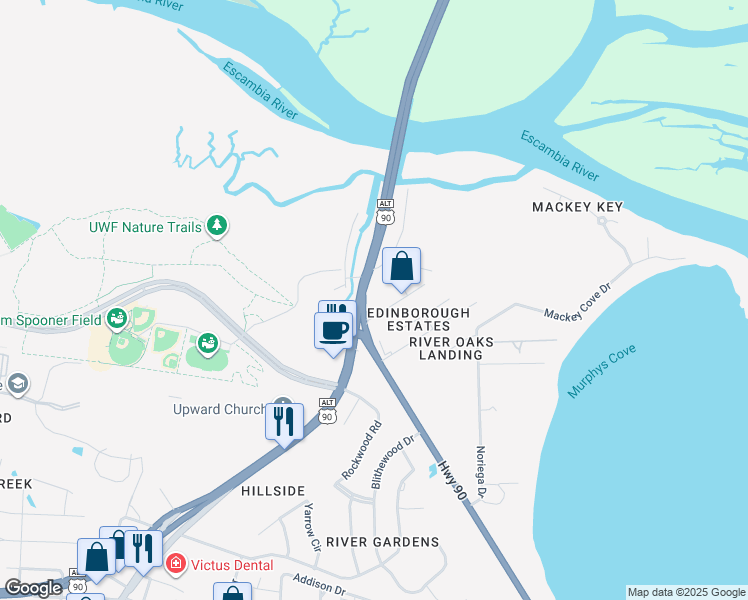 map of restaurants, bars, coffee shops, grocery stores, and more near 12050 Scenic Highway in Pensacola