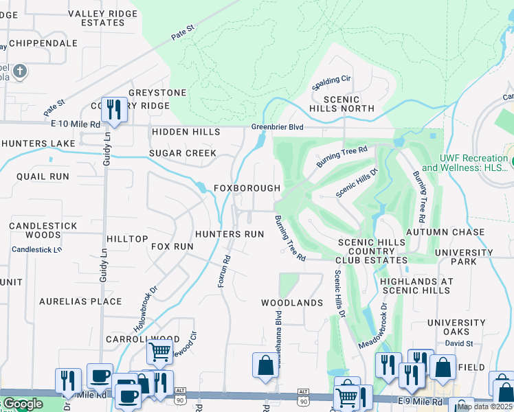map of restaurants, bars, coffee shops, grocery stores, and more near 10109 Vixen Place in Pensacola