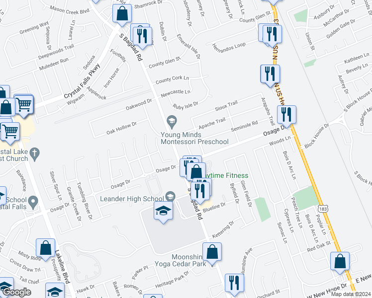 map of restaurants, bars, coffee shops, grocery stores, and more near 2601 Cheyenne Street in Leander