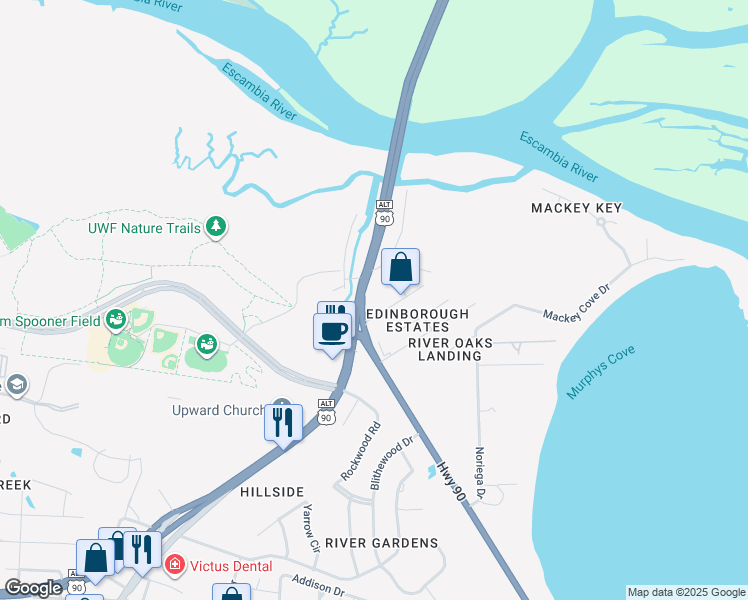 map of restaurants, bars, coffee shops, grocery stores, and more near 12050 Scenic Highway in Pensacola
